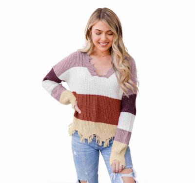 China Import And Export Quality Anti-wrinkle Gray Colorblock Distressed Sweater For Women for sale