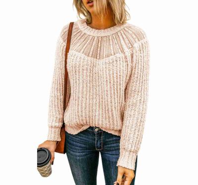 China Anti-wrinkle Beige Round Neck Lace Up Splice Knitted Sweater for sale