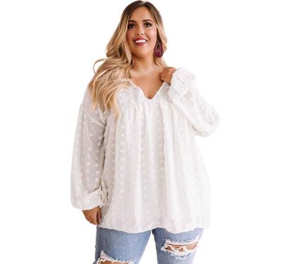 China White Sleeve Dot Plus Size Swiss Lantern V-Neck Anti-Pilling New Arrivals Blouse for sale