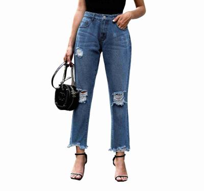 China Sustainable Ripped Slim Fit Washed Jeans Womens Pants And Pants Ladies Jeans for sale