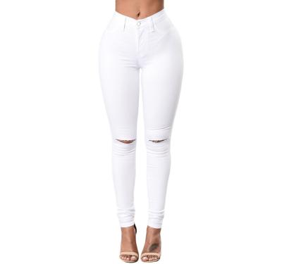 China Sustainable White Fashionable Split Knee Denim Pants Womens Casual Pants Custom Jeans for sale