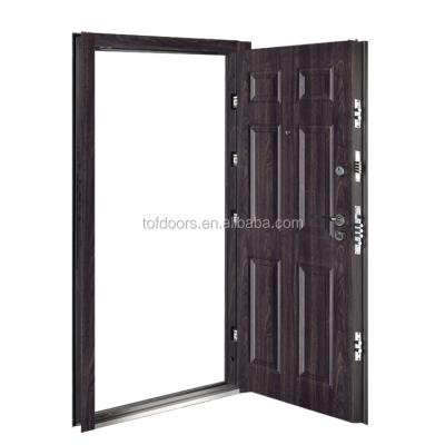 China Popular Design Wood color Sound proof Front Iron Safety Door with 2nd lock Separated Handle for sale