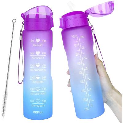 China 1000ml Viable Straw Motivational Tritan Water Bottle Flip Lid 32oz Collapsible Water Jug With Time Marker For School Office Fitness for sale