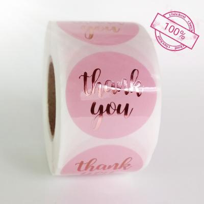 China Waterproof Hot Sales 1.5inch Thank You Ironed Adhesive Pink Circular Rose Gold Thank You Sticker for sale