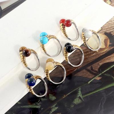 China Vintage New Design Stainless Steel Natural Stone Ring Fashion Retro Metal Adjustable Opening Rings For Women Jewelry Party Festival Gift for sale