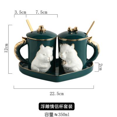 China Hotsale Sustainable Creative Ceramic Tea Cup and Saucer Set Embossed Cat Coffee Cup With Spoons for sale