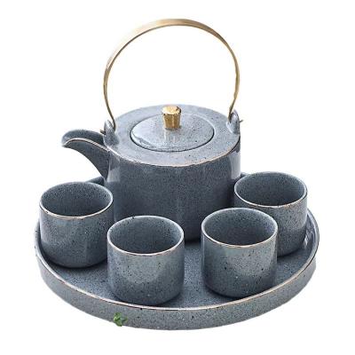 China 6pieces Viable Gold Marble Style 4 Tea Cups Set With Ceramic Teapot Tea Set With Tray for sale