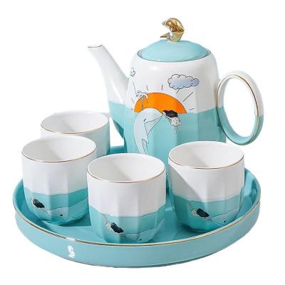 China 6 Pcs Viable Blue Gold Rim Ceramic Coffee Set Gift Box Coffee Gift Set With Tray for sale