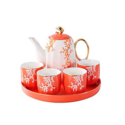 China 6 Sets Viable Luxury Orange Ceramic Teapot And Four Pcs Mug Cups Set With Serving Tray Turkish Tea Set for sale