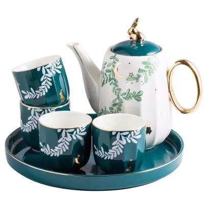 China Viable Popular 6 Pcs Cup Teapot Set And Tray Glossy Dark Green Ceramic Drinkware Color Set Set With Gold Rim for sale