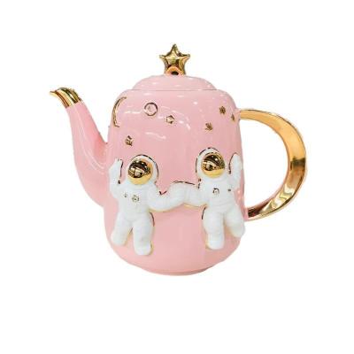 China Sustainable Hotsale Creative Design Embossed Glazed Handle Gold Teapot Set Porcelain Ceramic Teapot for sale