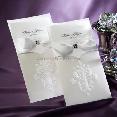 China Religious Vintage Wedding Flor-de-lis White Vertical Invitation Card With Ribbon B9014 for sale