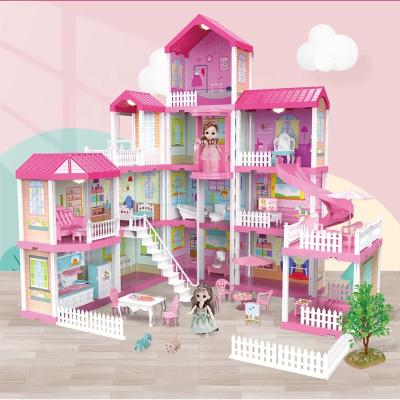 China Eco-friendly Material Kids Toys Bedroom Furniture Assembly DIY Pink Mini Princess House Villa Toy Doll Room For Girls for sale