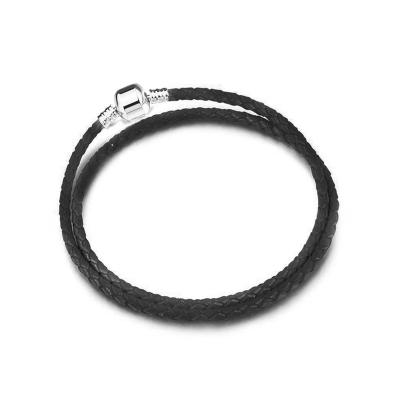 China High Quality CLASSIC Single Color Double Circle 925 Sterling Silver Pan Leather Bracelet For Women Wholesale for sale