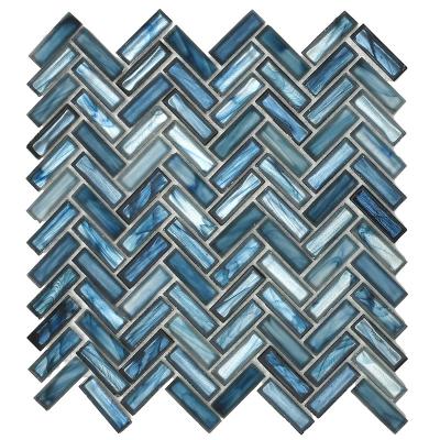 China New Arrival Fishbone Art Bathroom Backsplash Kitchen Wall Mosaic Glass Amber Glass Mosaic Slab Non Slip for sale