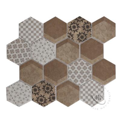 China Unique Parquet Custom Design Brown Decor Hexagon Slabs Inkjet Printing Glass Mosaic For Living Room Slab for sale