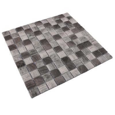 China Classic Parquet Style Square Wood Like Mosaic Slab Brown Inkjet Printing Glass Mosaic Tile For Bathroom for sale