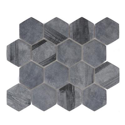 China CNK China Wholesale Gray Parquet Mosaic Hexagon Glass Slab For Bathrooms for sale