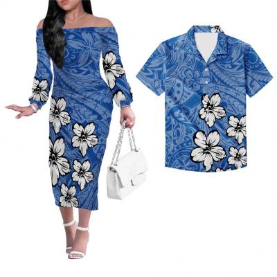 China New Arrival Anti-Static Women's Dress Customization Polynesian Style Tribal Girl Off The Shoulder Dress Match Shirt Couple 2 Sets for sale