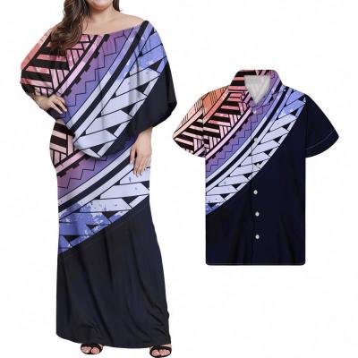 China New Arrival Anti-Static Women's Dress Customization Polynesian Style Tribal Girl Off The Shoulder Dress Match Shirt Couple 2 Sets for sale