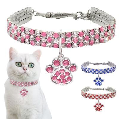 China Exquisite Stored Pet Collar Jewelry Accessories Decoration Paw Charms Bling Crystal Teddy Dog Collar Elastic Pet Jewelry for sale