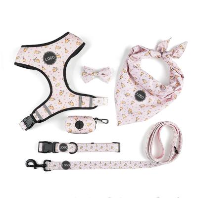 China Padded Adjustable Velvet Puppy Girl Accessories Custom Dog Harness Set Logo Pet Dog Collars and Leashes Print Waterproof Harness Set for sale