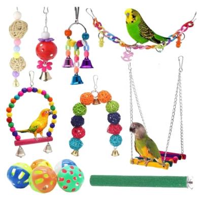 China Amazon Hit Viable Wood Toys Bird Toys Parrot Toy Bird Twelve Piece Set Flying Birds Suspension Bridge Swing for sale