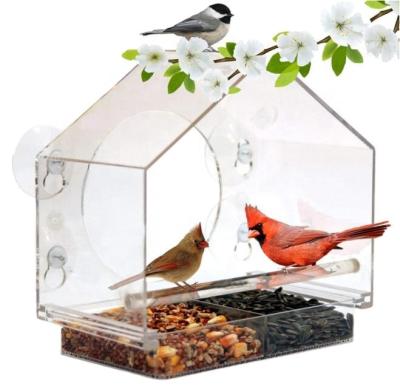 China Large Sustainable Outdoor Clear Glass Aviary Shaped Bird Feeder With Four Powerful Suction Cups For Wild Birds for sale