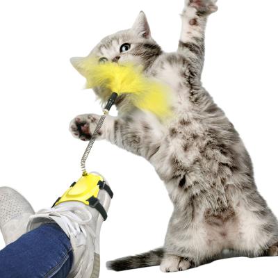 China 2021 New Hot Selling Viable Hands Free Training Interactive Intelligence Toy Feather Cat Durable Pink Cat Toy Stick for sale