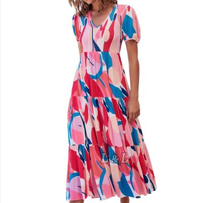 China Lingda Fashion 100% Viscose Summer Flora Printing Long Women Boho Dress Anti-wrinkle for sale