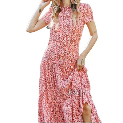 China Anti-wrinkle Lingda Fashion Summer 100% Viscose Flora Print Women Bohemian Style Casual Dress for sale