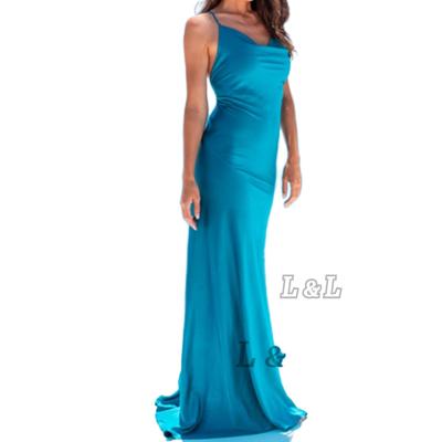 China Anti-wrinkle Guangzhou factory Klein satin women fashion summer blue dress for sale