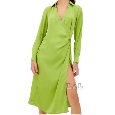 China Anti-wrinkle Lingda Fashion Women Summer BV Green Satin Casual Dress for sale