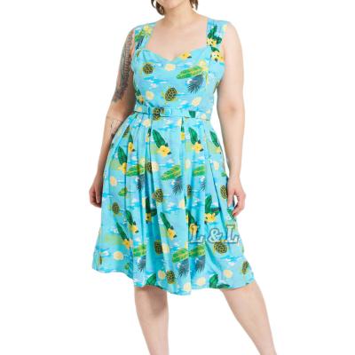 China Lingda Fruit 100% Casual Blue Viscose Flora Printing Knee Length Playsuit Sustainable Fashion Plus Size Women Dress for sale