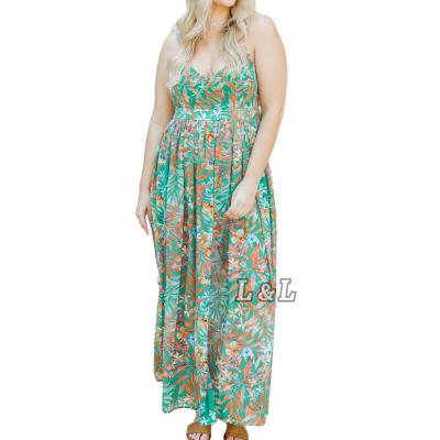 China Green V-Neckline Fashion Summer Big Maxi Long Plus Size Women's Dress 100% Viscous Casual Viable Flora Printing for sale