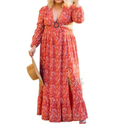 China Lingda Fashion Women's Casual V-Neck Viscose and Flora Printing Backless Travel Cut Summer Viable 100% Plus Size Dress for sale