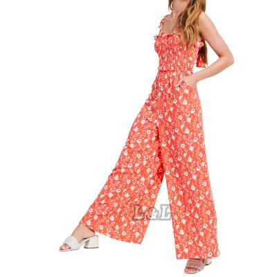 China Anti-pilling Lingda fashion 100% rayon flower printed orange smocks casual 2022 women clothing jumpsuit for sale