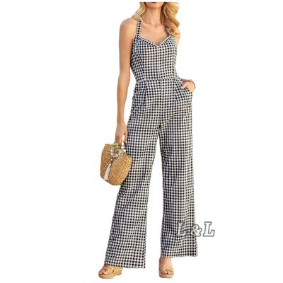 China Viable Lingda Fashion 2022 Summer Women Clothing White And Black Elegant Plaid One Piece Jumpsuit Custom Made Women for sale