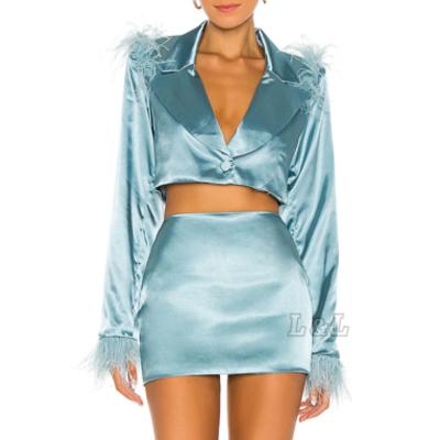 China Lingda Summer Fashion Hot Selling Anti-pilling Feather Sui&Skirt Light Blue Satin With Scratching Two Piece Women Shorts Set 2022 for sale