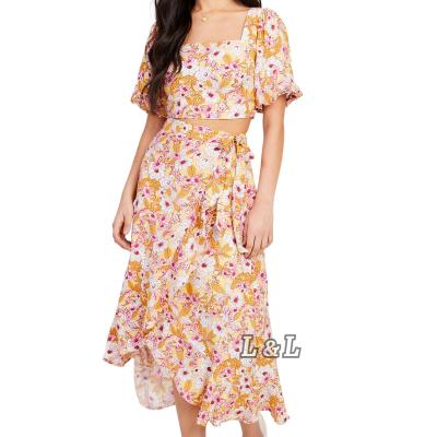 China 2022 Fashion Summer Lingda Anti-pilling Viscose Yellow Printing Two Piece Set Women Clothing 100% Factory for sale