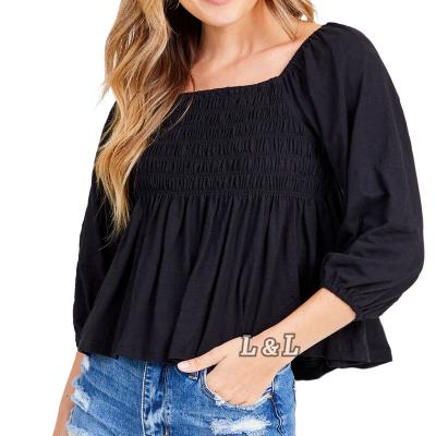 China Guangzhou Factory Summer Fashion Lingda Anti-pilling Casual Women Clothes 95% Rayon 5% Spandex Solid Black Long Sleeve Womens Tops for sale