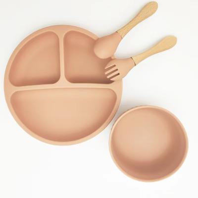 China Best Price BPA Free Suction Baby Bowl Sippy Spoon With Wooden Handle Set And Silicone Feeding Dish for sale