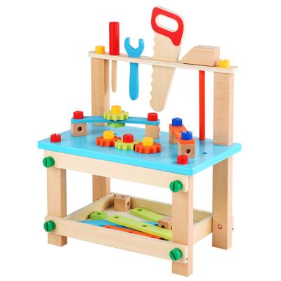 China Logical thinking ability. Hand-Eye Coordination Solid Wooden Work Bench Preschool Kids Pretend Play Multifunctional DIY Repair Simulation Chair Wood Plants Toys Wooden Tool Kit for sale