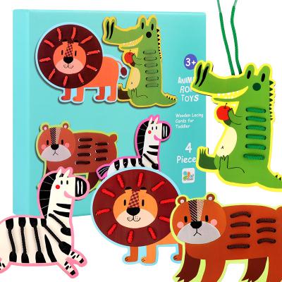 China Children Wooden String Threading Cartoon Educational Fruit First Hand-eye Wooden Board DIY Animal Threading Toy for sale