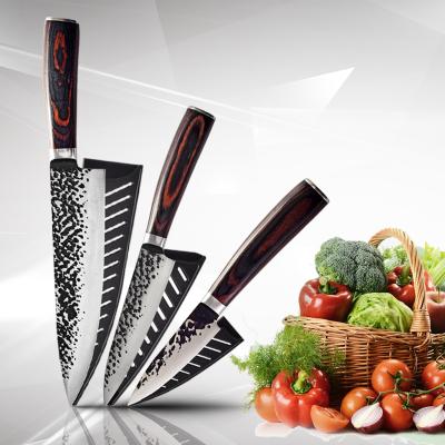 China Disposable Konoll 3pcsJapanese Kitchen Knife Set Hammering Japanese Pattern Paring Knife Santoku Chef Knife 1pc MOQ With Sheath Packing for sale