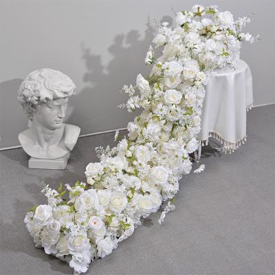 China Durable 200*45cm White Flower Artificial Silk Table Flower Runner For Wedding Hotel for sale