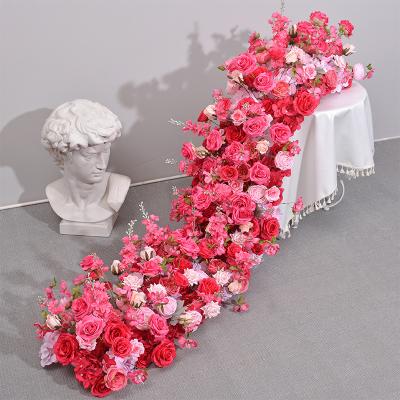 China Durable Rose Red Flower Runner Artificial Row Silk Flower For Wedding Hotel Party for sale