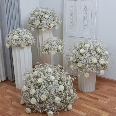 China 80cm Large Durable Artificial White Rose Babysbreath Flower Ball Wedding Centerpieces for sale