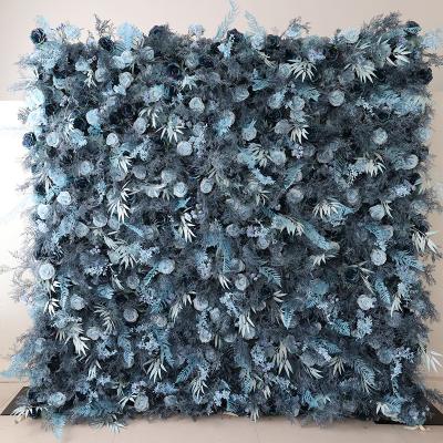 China Durable Custom Blue Wrap Artificial Silk Rose Hydrangea Flower Wall Wedding Stage Backdrop for sale