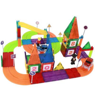 China Latest new style car track magnetic tiles plastic racing track series magnetic building block toys for kids for sale